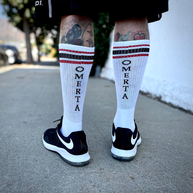 Omerta White w/ Black and Red Stripe Knee High Socks