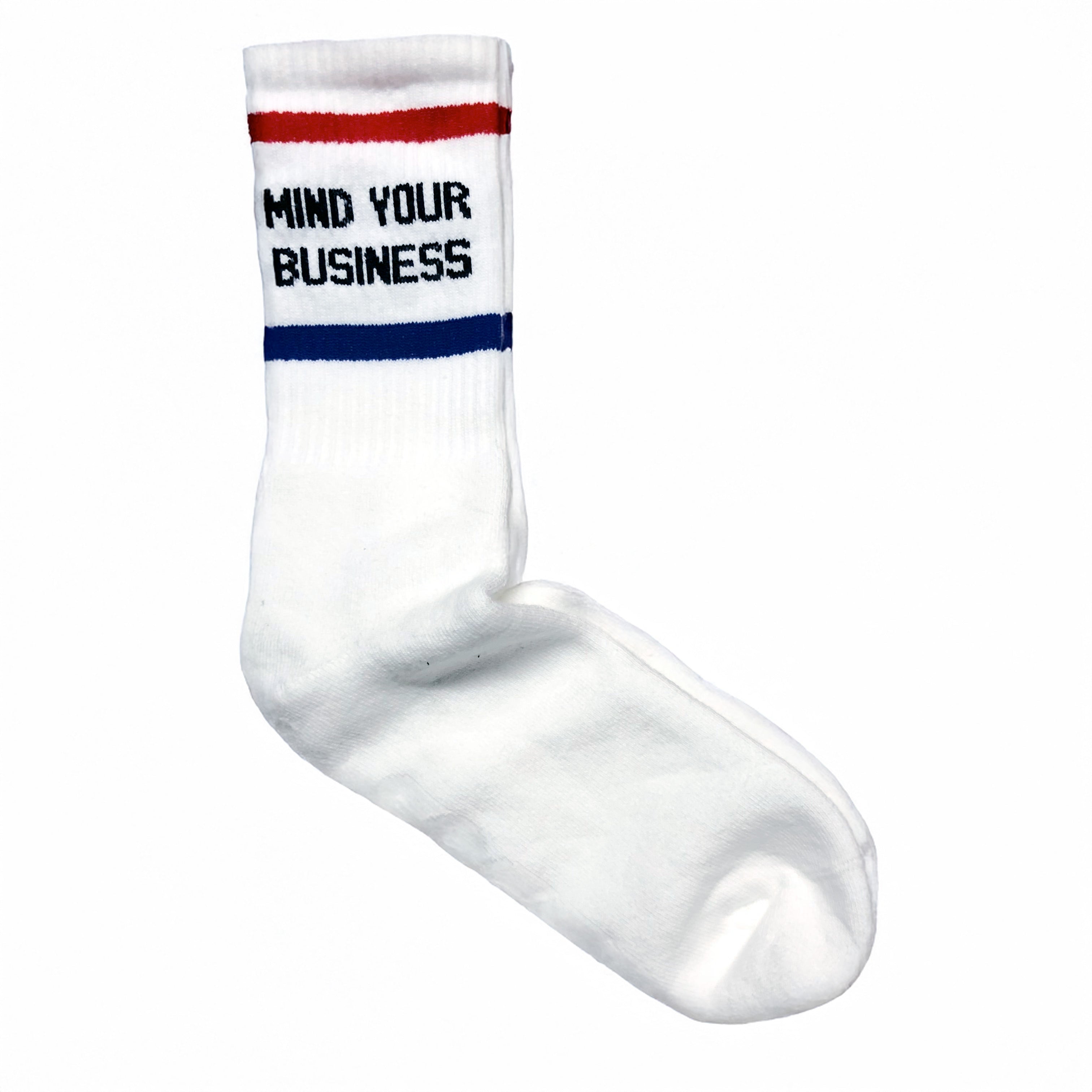 Mind Your Business White w/ Red and Blue Socks