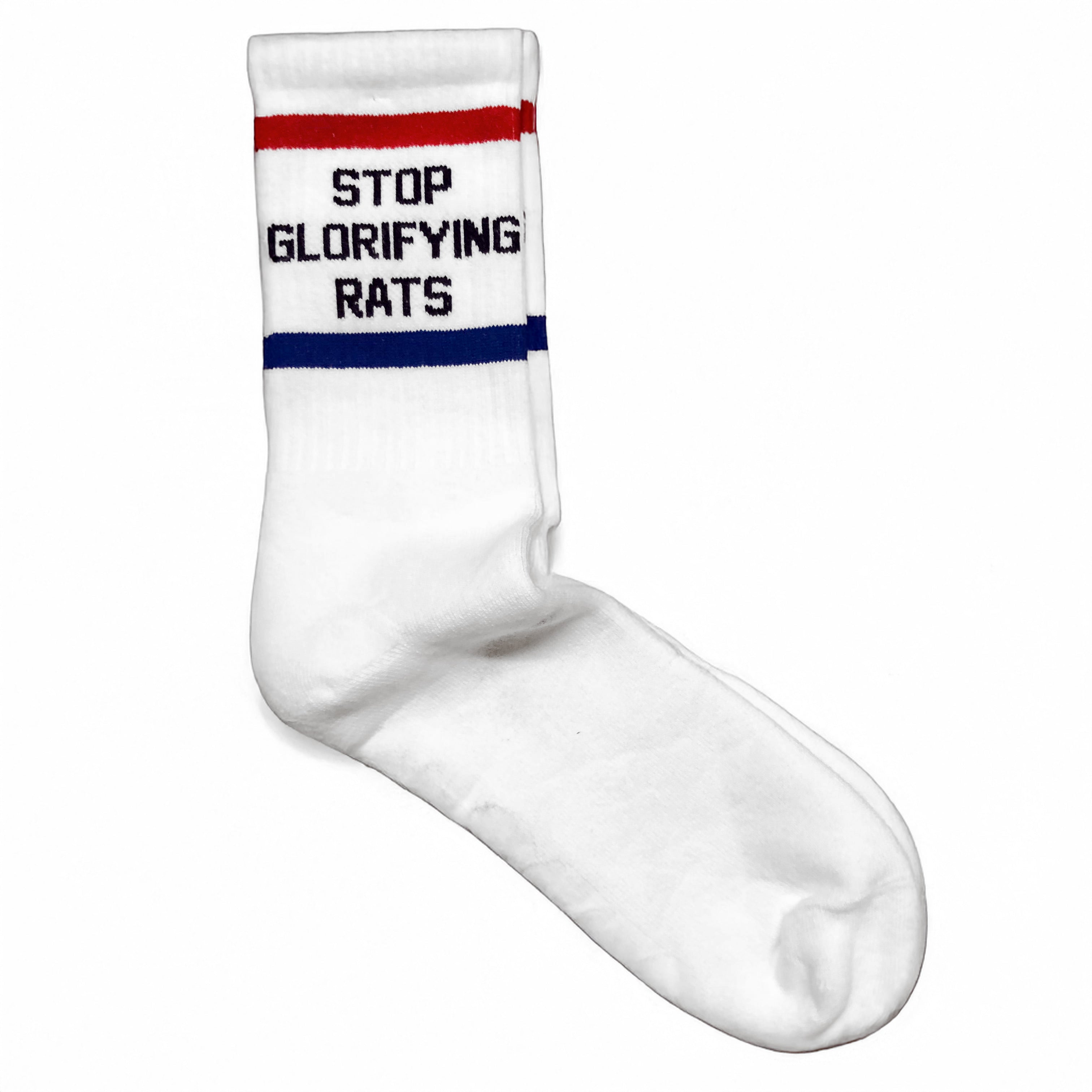 Stop Glorifying Rats White w/ Red and Blue Socks