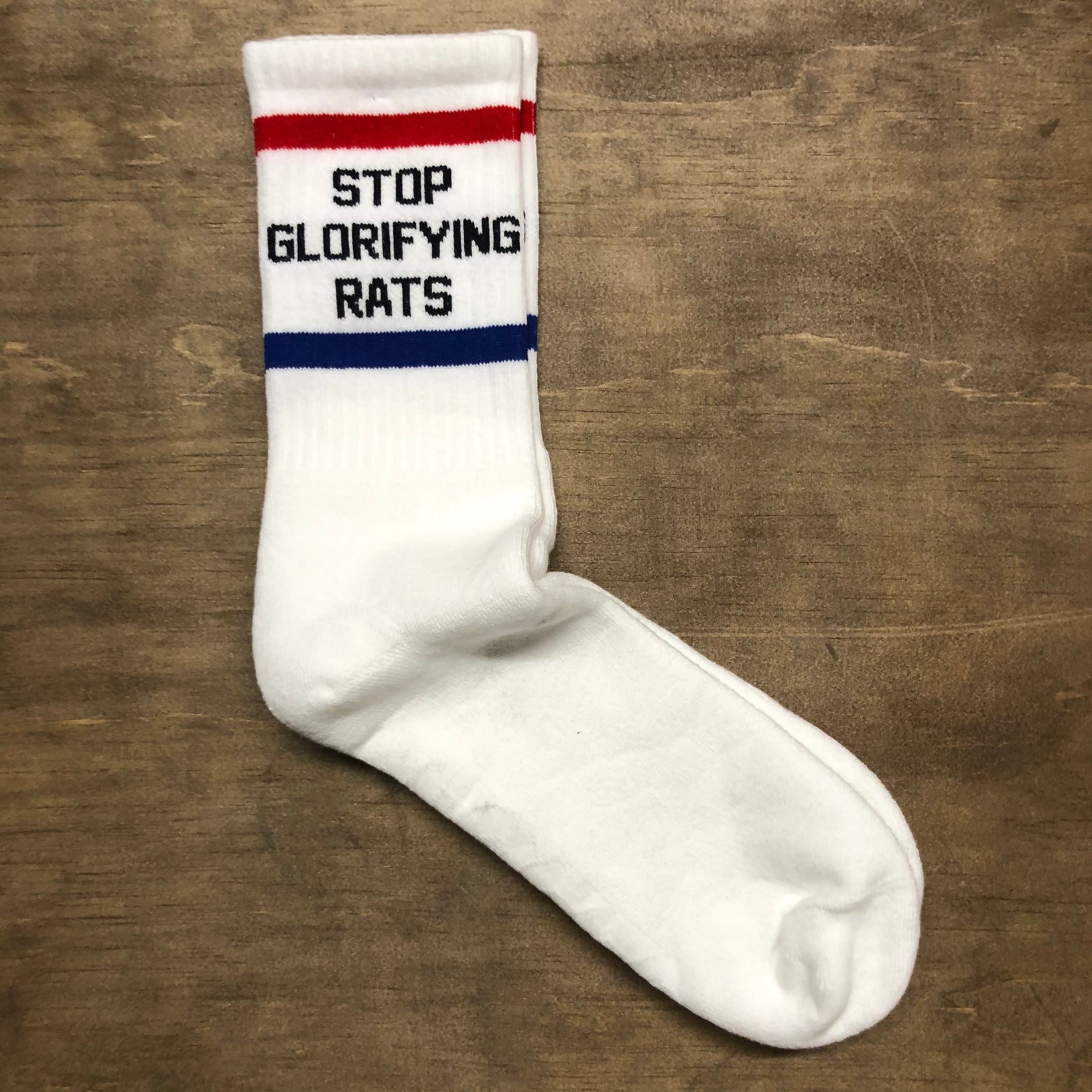 Stop Glorifying Rats White w/ Red and Blue Socks