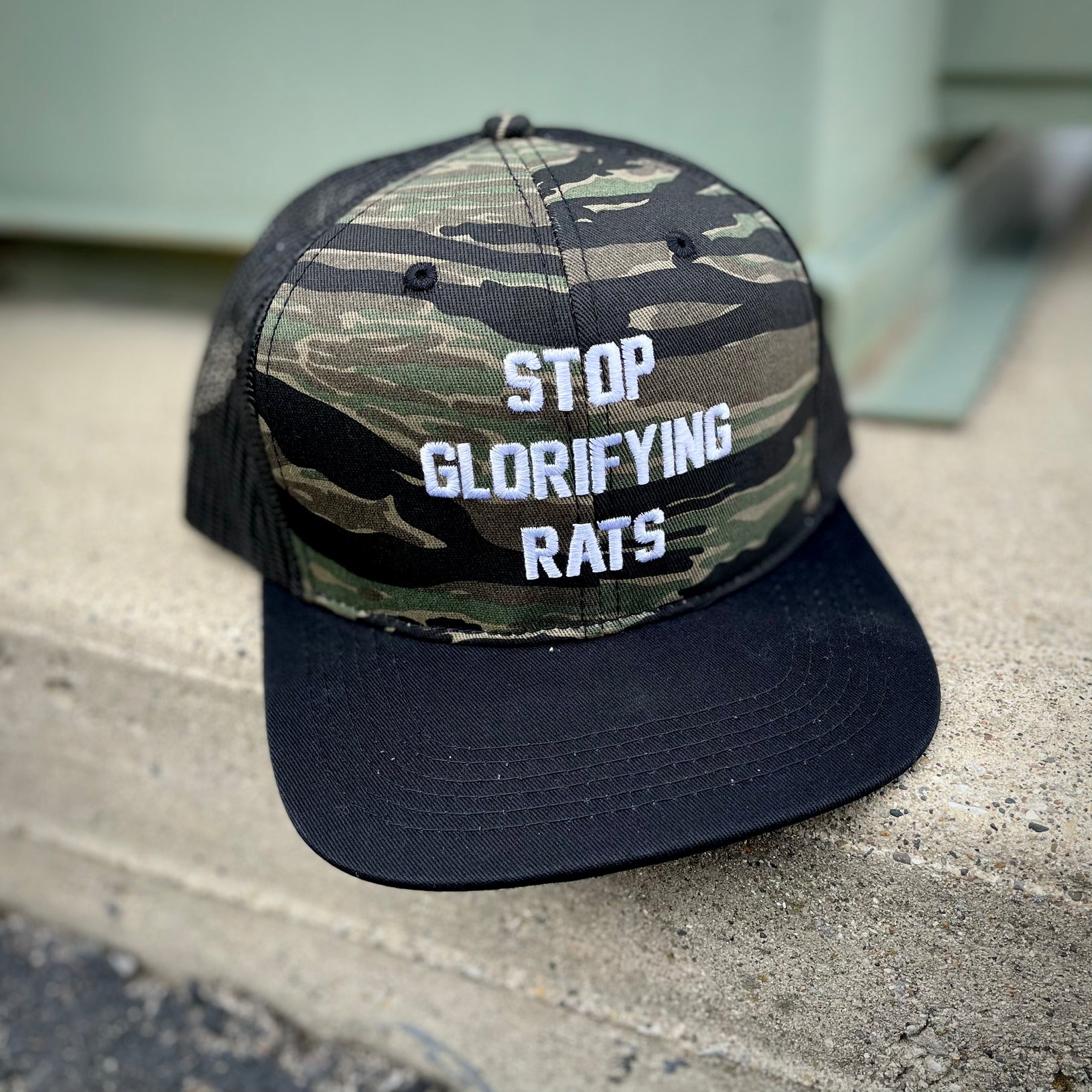 Stop Glorifying Rats Tiger Camo / Black Meshback Hat