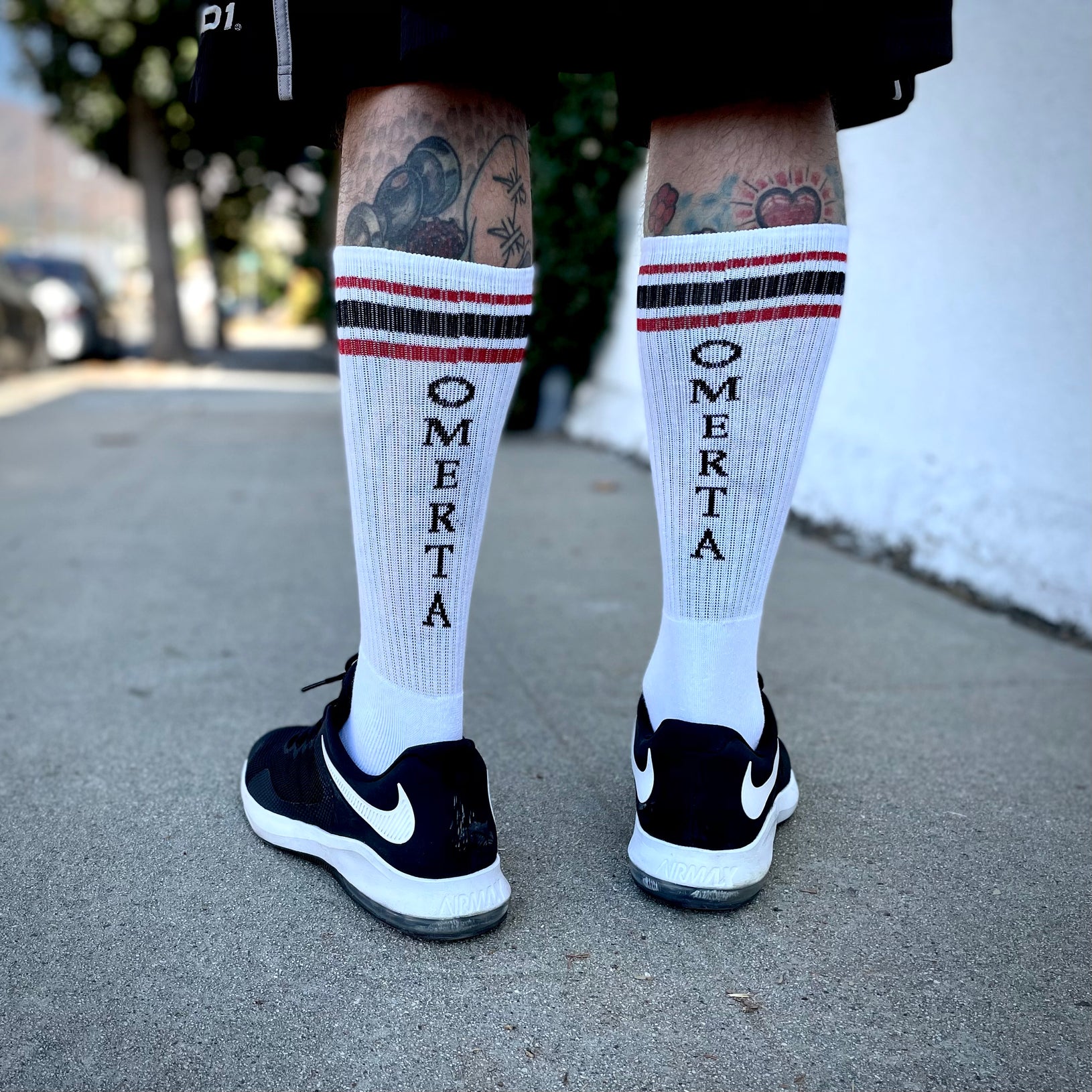Omerta White w/ Black and Red Stripe Knee High Socks